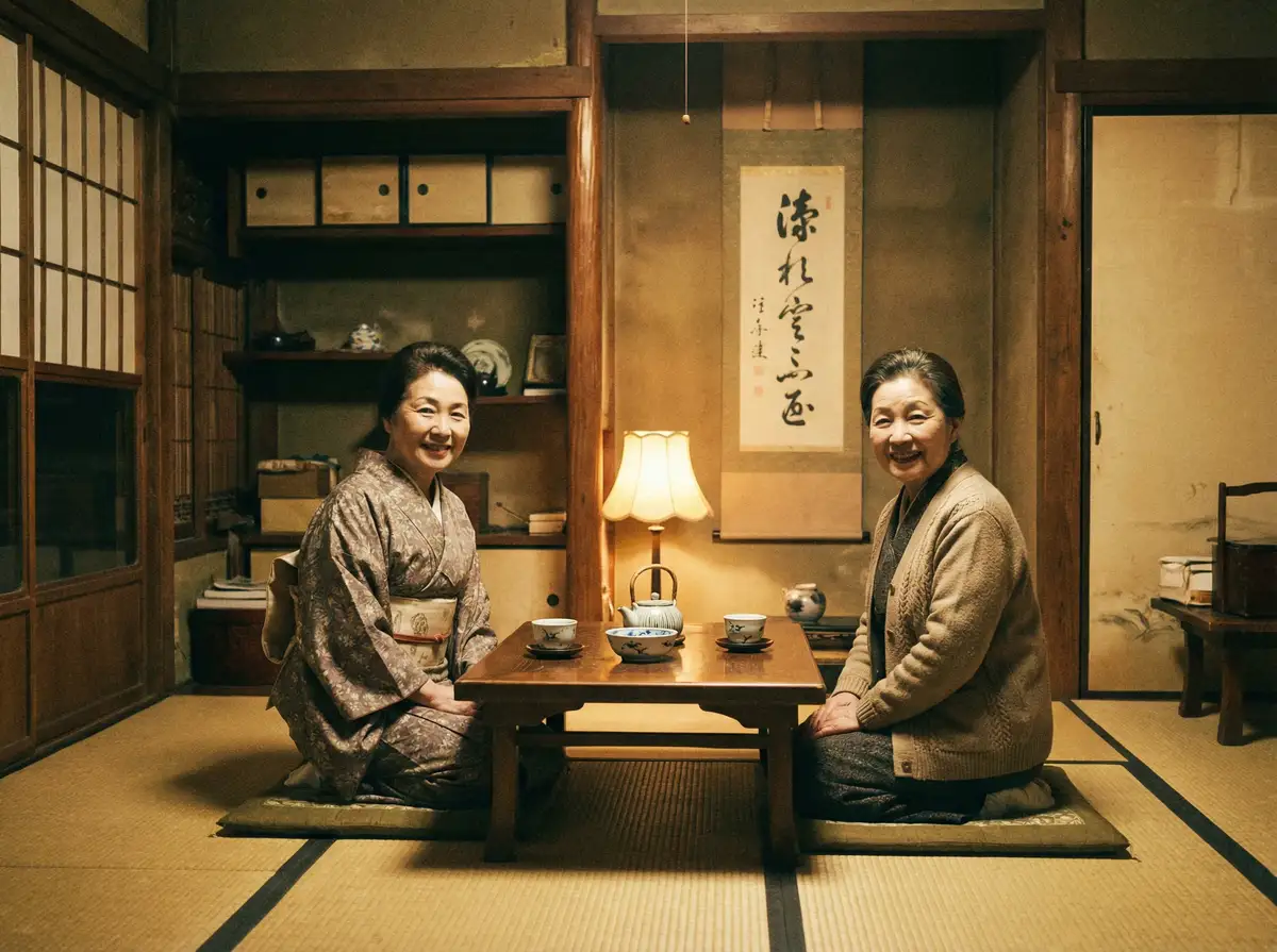 两位优雅的 七星体育网址 在日式茶室中品茶交谈